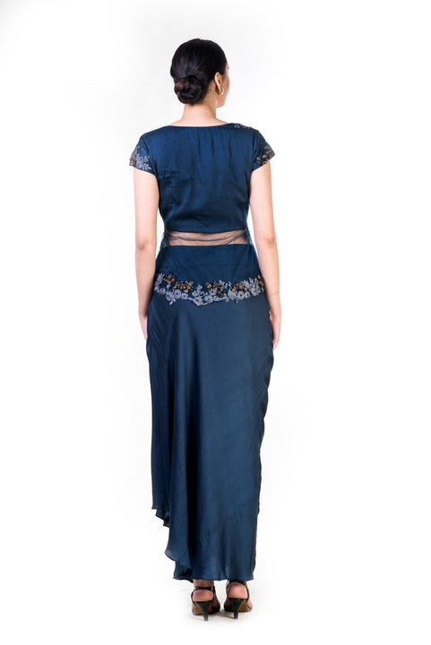 Embroidered Navy Blue Jacket Style Top With A Draped Skirt