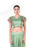 Green Floral Embroidered Crop Top & Dhoti Set With A Trail