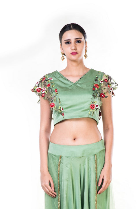 Green Floral Embroidered Crop Top & Dhoti Set With A Trail