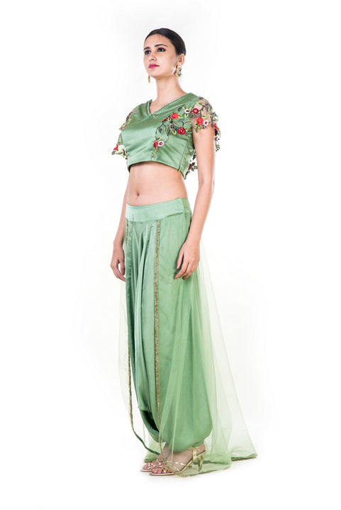 Green Floral Embroidered Crop Top & Dhoti Set With A Trail