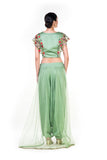 Green Floral Embroidered Crop Top & Dhoti Set With A Trail