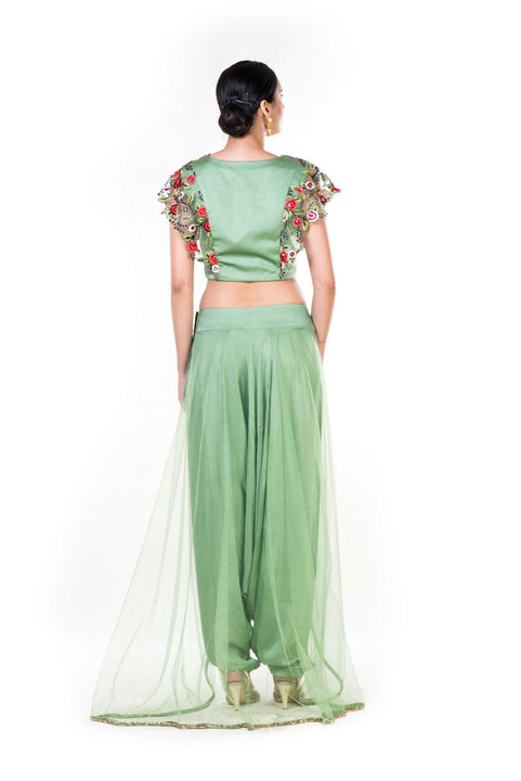 Green Floral Embroidered Crop Top & Dhoti Set With A Trail