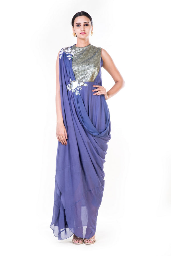 Embroidered Lavender Draped Gown With A Sequin Yoke