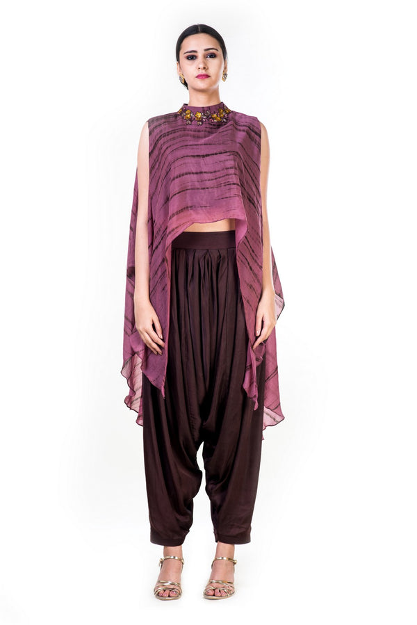Marble Dyed High Low Cape Style Crop Top With Neck Embroidery & Coffee Brown Harrem Pant
