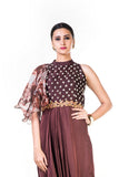 Tie & Dye & Embroidered Coffee Brown Draped Dress