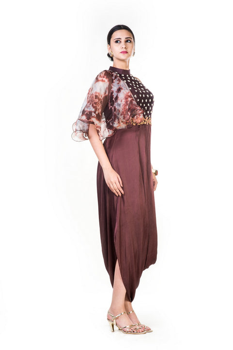 Tie & Dye & Embroidered Coffee Brown Draped Dress