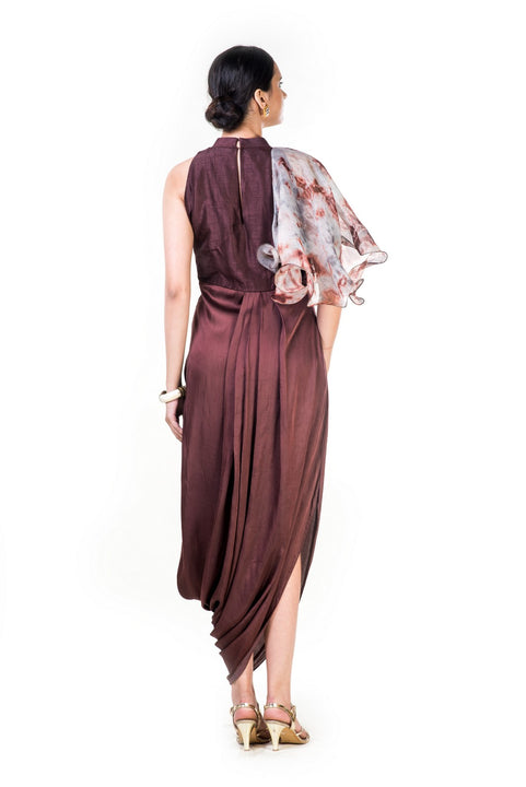Tie & Dye & Embroidered Coffee Brown Draped Dress