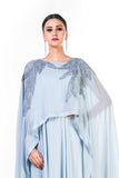 Hand Embroidered Ice Grey Long Cape Style Gown