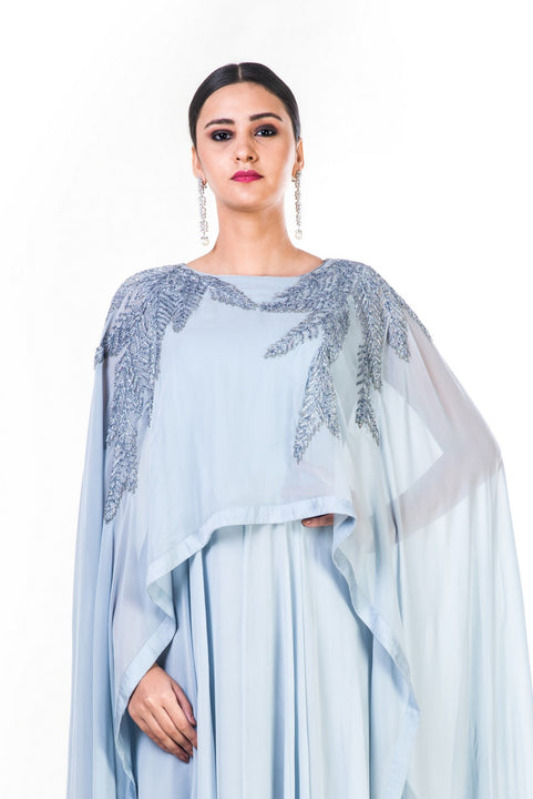 Hand Embroidered Ice Grey Long Cape Style Gown