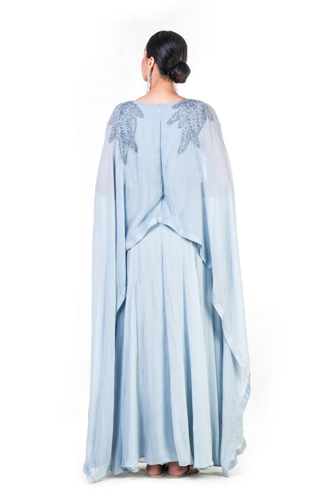 Hand Embroidered Ice Grey Long Cape Style Gown