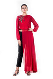Embroidered Red Asymmetrical Long Top With Straight Fit Pants