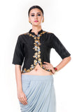Embroidered Greenish Black Jacket With A Grey Draped Skirt