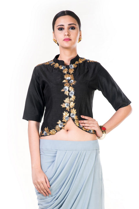 Embroidered Greenish Black Jacket With A Grey Draped Skirt