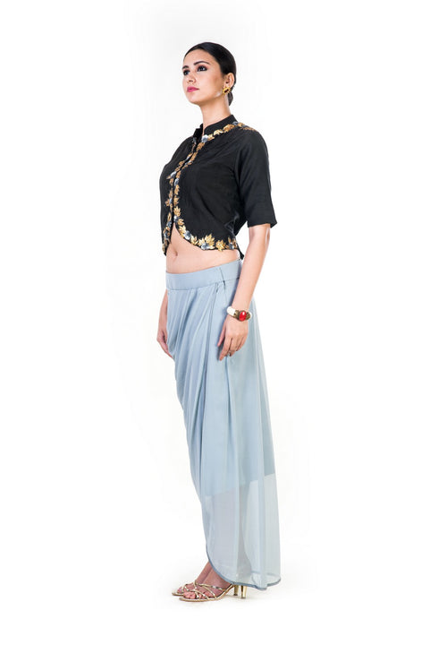 Embroidered Greenish Black Jacket With A Grey Draped Skirt