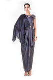 Embroidered Charcoal Grey Asymmetrical Cape Draped Gown