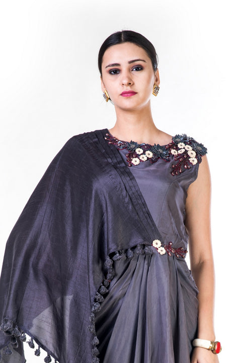 Embroidered Charcoal Grey Asymmetrical Cape Draped Gown
