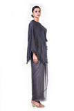 Embroidered Charcoal Grey Asymmetrical Cape Draped Gown