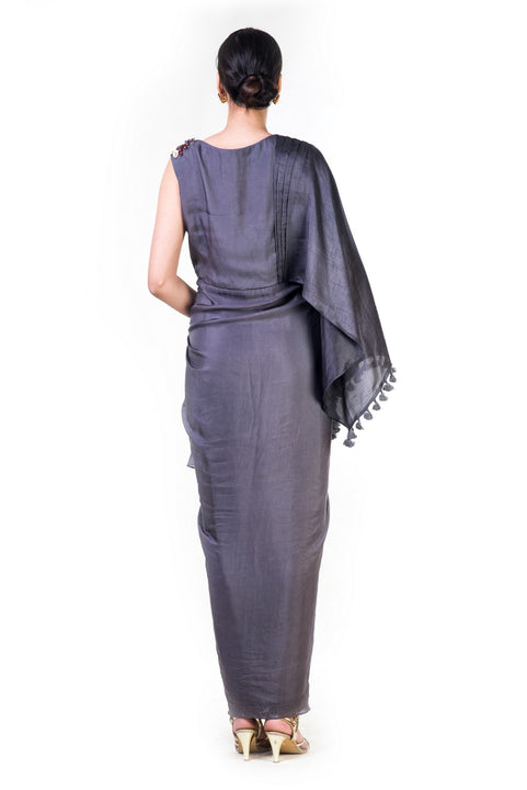 Embroidered Charcoal Grey Asymmetrical Cape Draped Gown