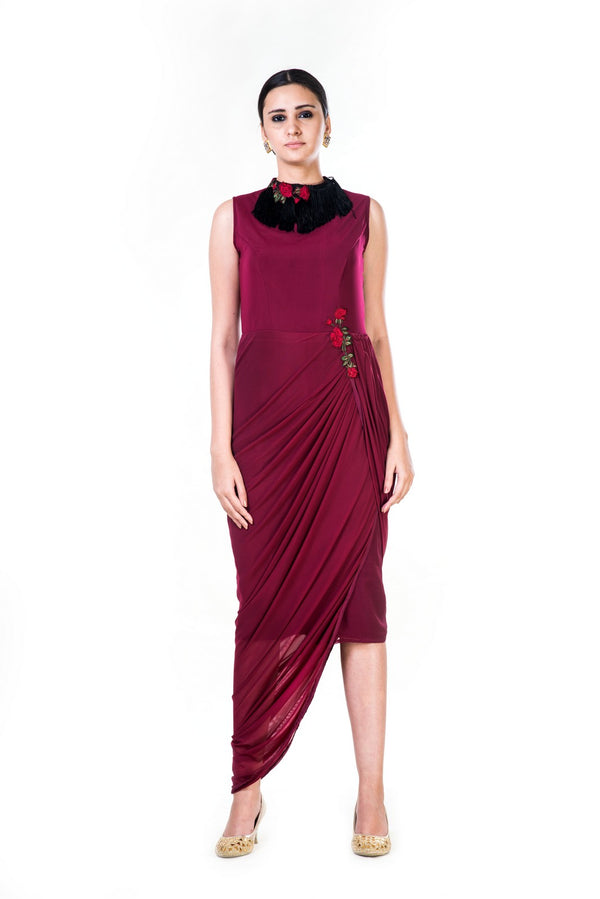 Embroidered Maroon Fringe Neck Drape Gown