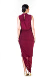 Embroidered Maroon Fringe Neck Drape Gown