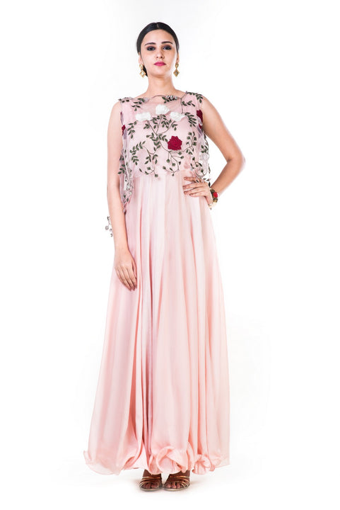 Rose Embroidered Net Top With A Dusty Pink Gown
