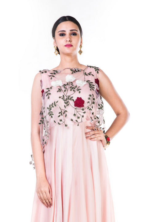 Rose Embroidered Net Top With A Dusty Pink Gown