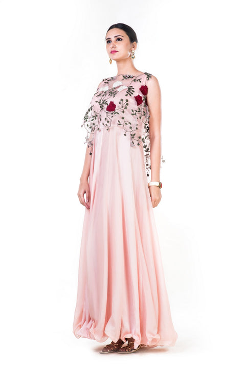 Rose Embroidered Net Top With A Dusty Pink Gown