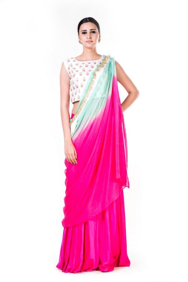 Hand Embroidered White Crop Top With A Pink Palazzo & Green & Pink Shaded Dupatta