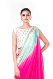 Hand Embroidered White Crop Top With A Pink Palazzo & Green & Pink Shaded Dupatta