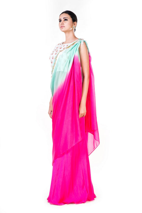 Hand Embroidered White Crop Top With A Pink Palazzo & Green & Pink Shaded Dupatta