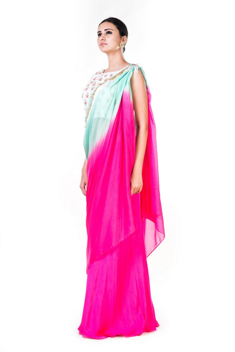 Hand Embroidered White Crop Top With A Pink Palazzo & Green & Pink Shaded Dupatta