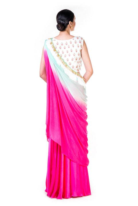 Hand Embroidered White Crop Top With A Pink Palazzo & Green & Pink Shaded Dupatta
