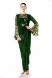 Green Embroidered Bell Sleeves Draped Dress