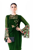 Green Embroidered Bell Sleeves Draped Dress