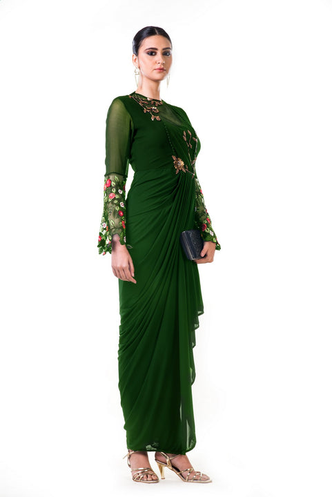 Green Embroidered Bell Sleeves Draped Dress