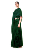 Bottle Green Draped Gown With A Hand Embroidered Cape Dupatta.