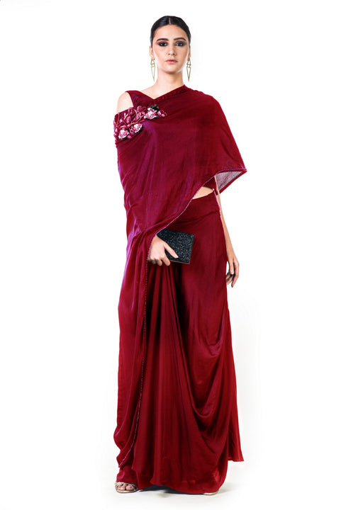 Maroon Draped Gown With A Hand Embroidered Cape Dupatta