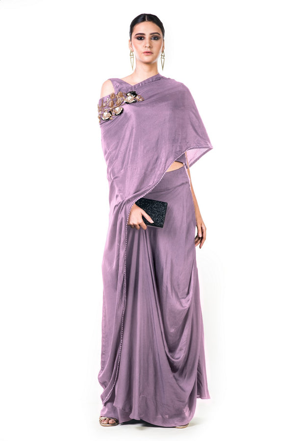 Mauve Draped Gown With A Hand Embroidered Cape Dupatta