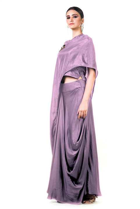 Mauve Draped Gown With A Hand Embroidered Cape Dupatta