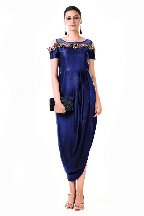 Royal Blue Hand Embroidered Cold Shoulder Draped Gown