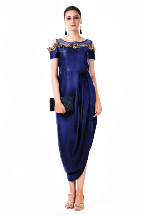 Royal Blue Hand Embroidered Cold Shoulder Draped Gown Saris and Things Royal Blue Hand Embroidered Cold Shoulder Draped Gown Saris and Things