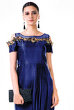 Royal Blue Hand Embroidered Cold Shoulder Draped Gown