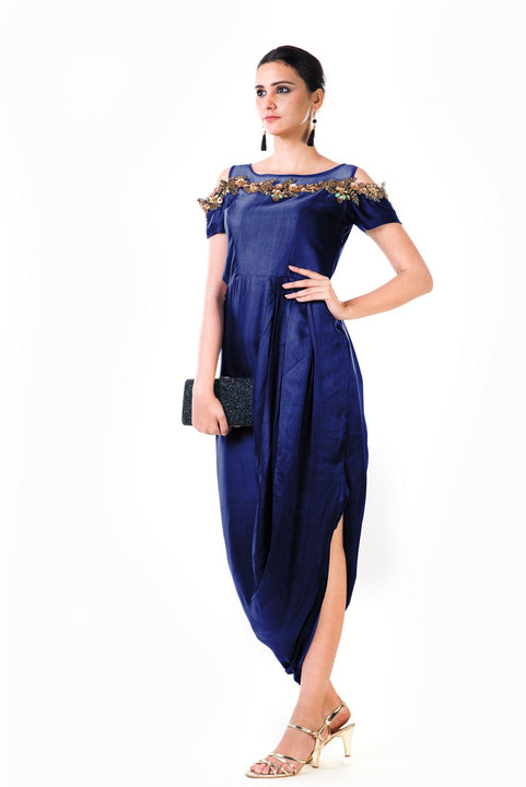 Royal Blue Hand Embroidered Cold Shoulder Draped Gown