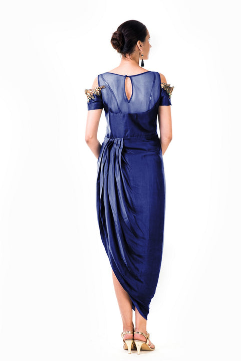 Royal Blue Hand Embroidered Cold Shoulder Draped Gown