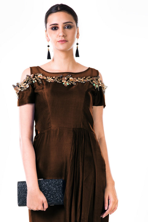 Chocolate Brown Hand Embroidered Cold Shoulder Draped Gown