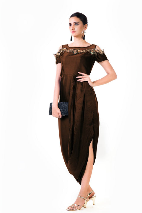 Chocolate Brown Hand Embroidered Cold Shoulder Draped Gown