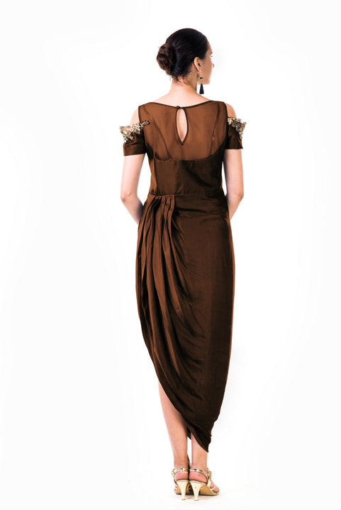 Chocolate Brown Hand Embroidered Cold Shoulder Draped Gown