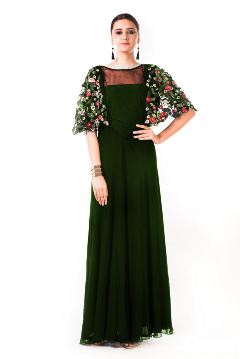 Bottle Green Hand Embroidered Cape Style Gown