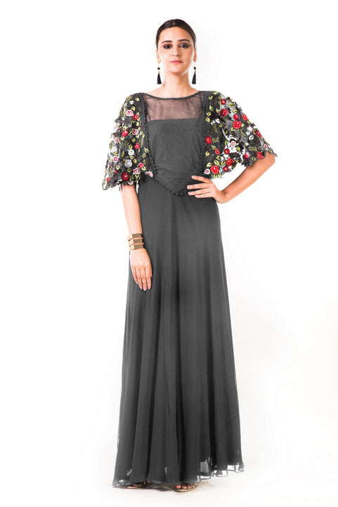 Grey Hand Embroidered Cape Style Gown