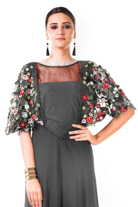 Grey Hand Embroidered Cape Style Gown